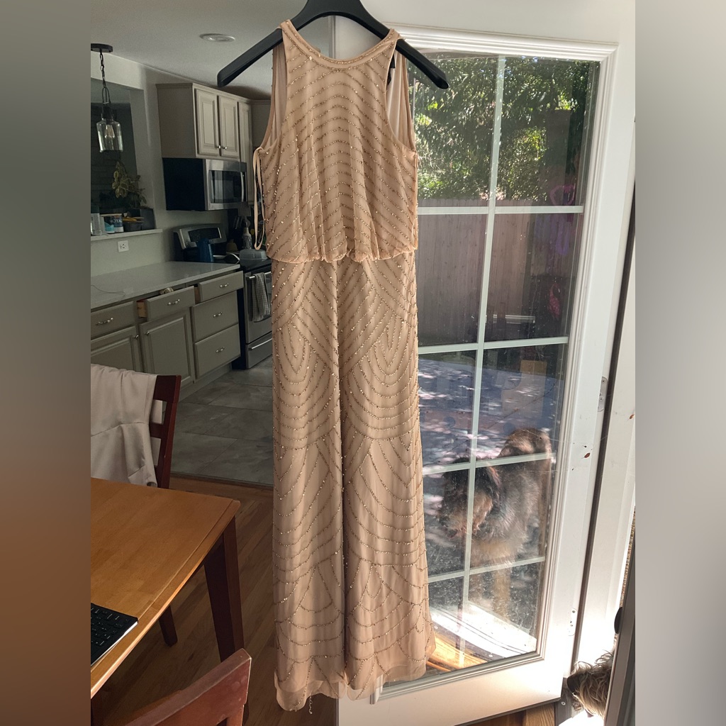 Adrianna Papell Gold Art Deco Beaded Blouson Dress With Halter Neckline